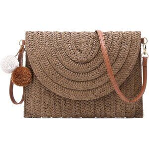 🆕Women Dark Brown Straw Clutch Purse Woven Crossbody Beach Shoulder Bag